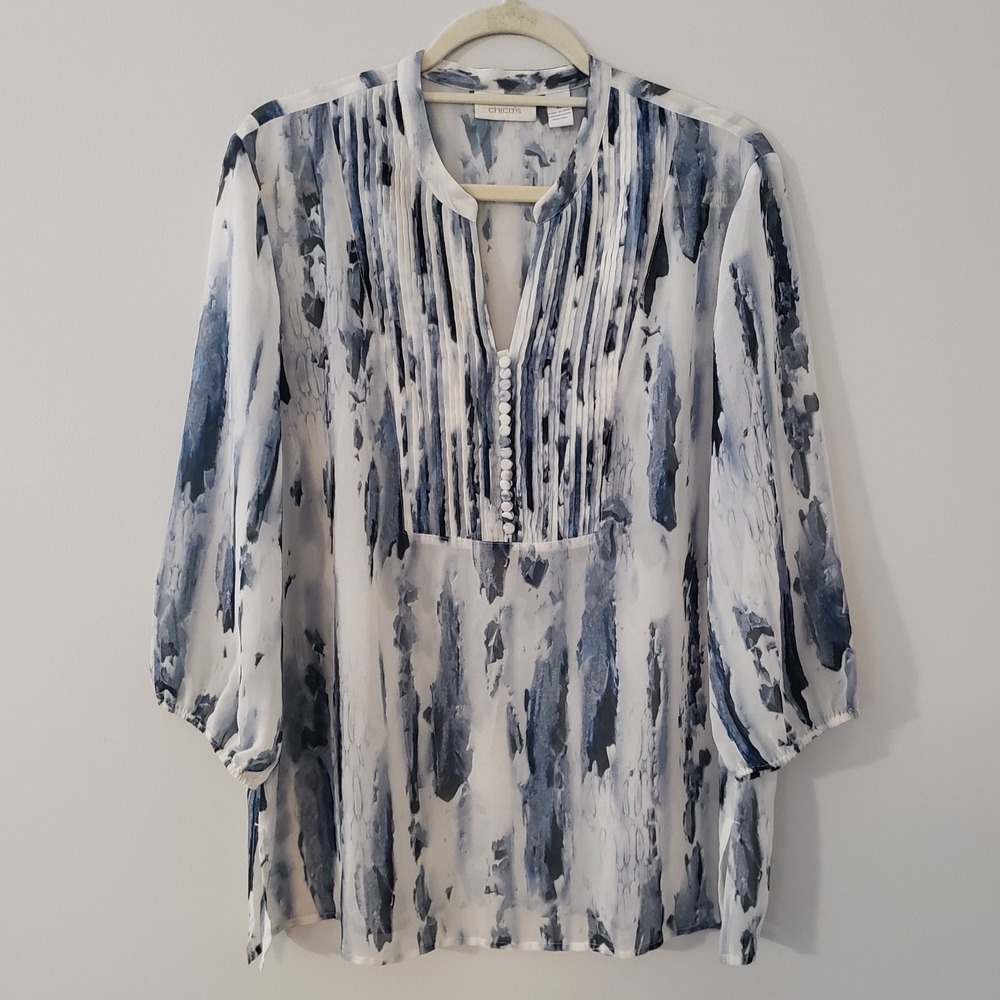 Chicos Sheer Tie Dye Tunic Top SIZE 2(LG) Boho Coastal Beachy Water Color Women